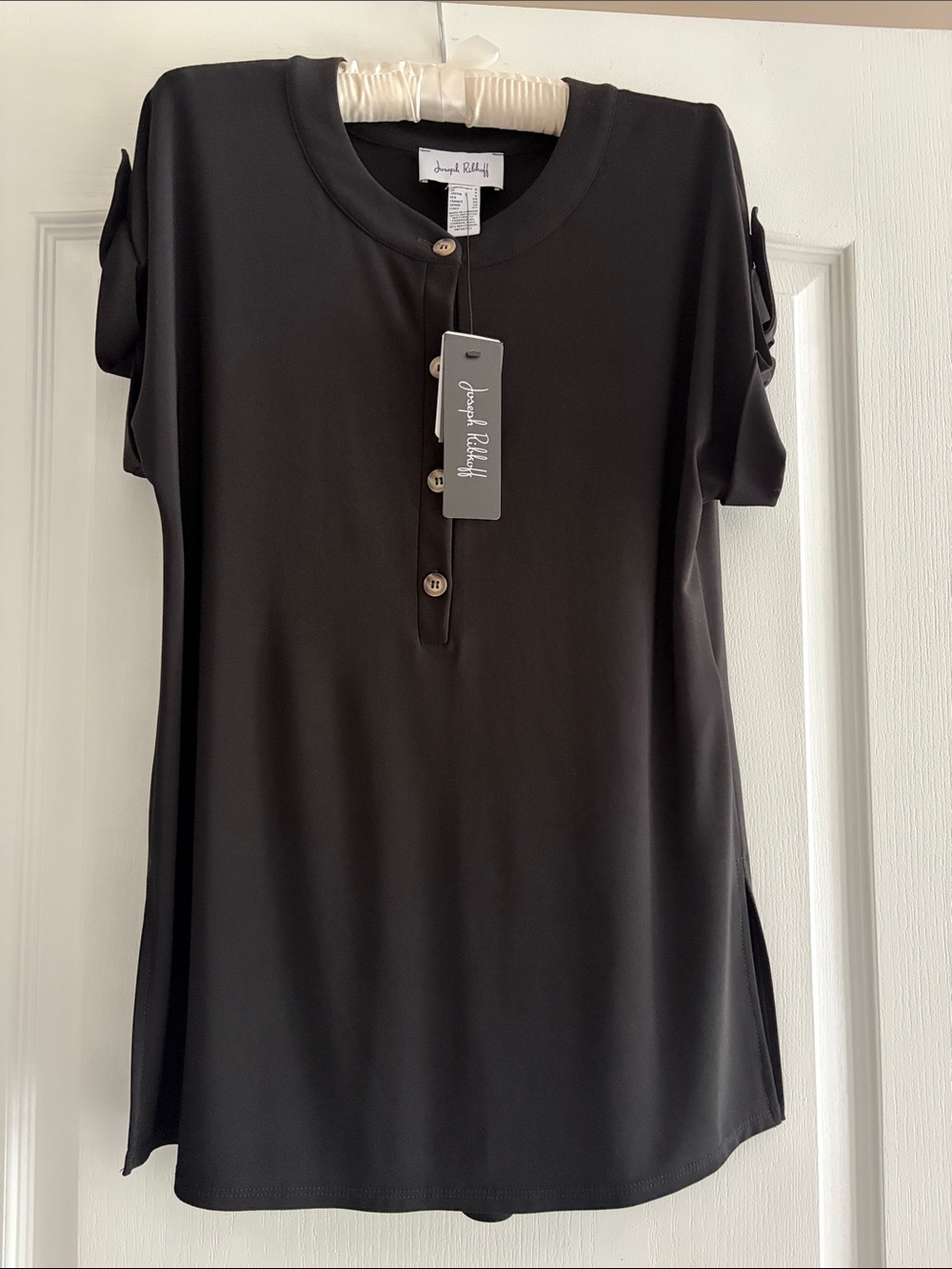 Joseph Ribkoff Black Short-Sleeve Button Henley with Tab Sleeves